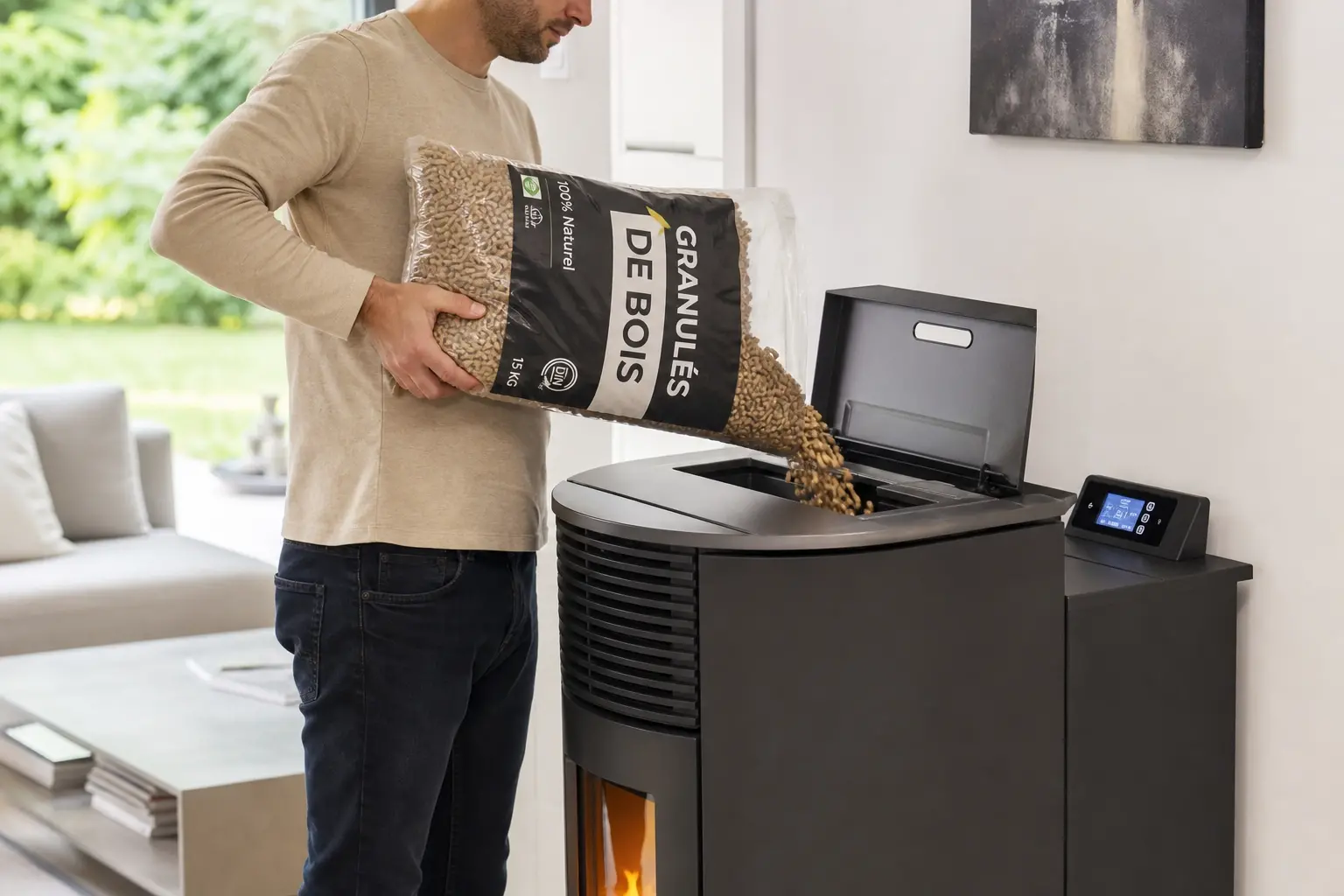 Chargement granulés de bois dans un poêle à pellets