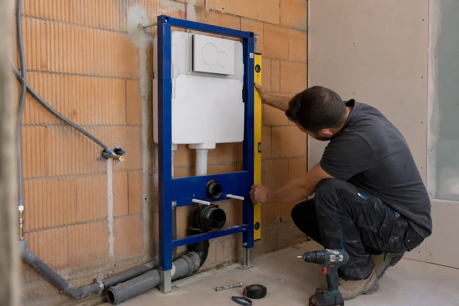 WC suspendu avec bâti-support en cours de rénovation